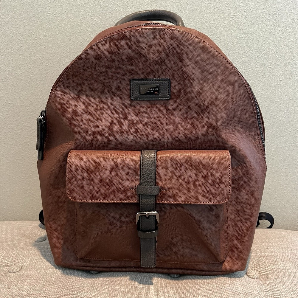 Ted Baker London Eazey Backpack Faux Leather Brown Textured Laptop Bag‎